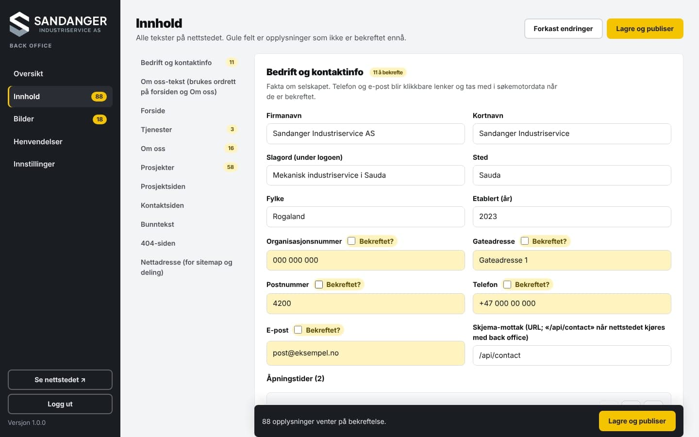 The back office content editor: section navigation with counts, and company fields where unconfirmed values are highlighted in yellow with a 'Bekreftet?' checkbox.