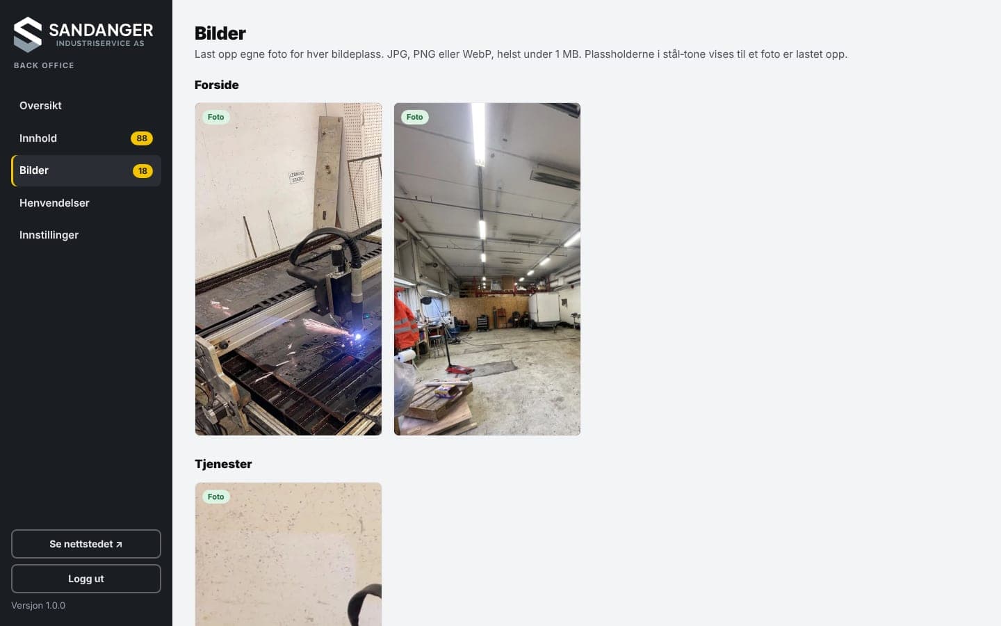 The back office image manager showing the homepage photo slots filled with workshop photographs.