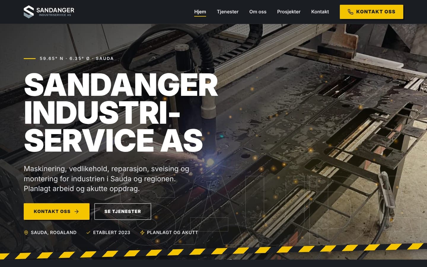 Sandanger Industriservice homepage: the company name in heavy white capitals over a photograph of a CNC plasma cutter throwing sparks, above a yellow and black hazard stripe.