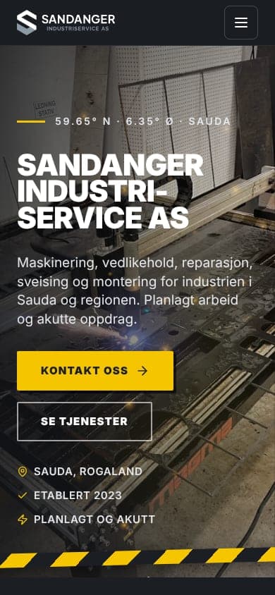 The homepage on a phone: headline, 'Kontakt oss' and 'Se tjenester' buttons and three key facts over the workshop photograph.