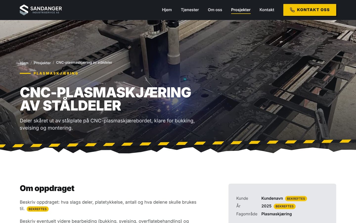 A project page for CNC plasma cutting of steel parts, with the client and year fields marked with yellow 'Bekreftes' badges.
