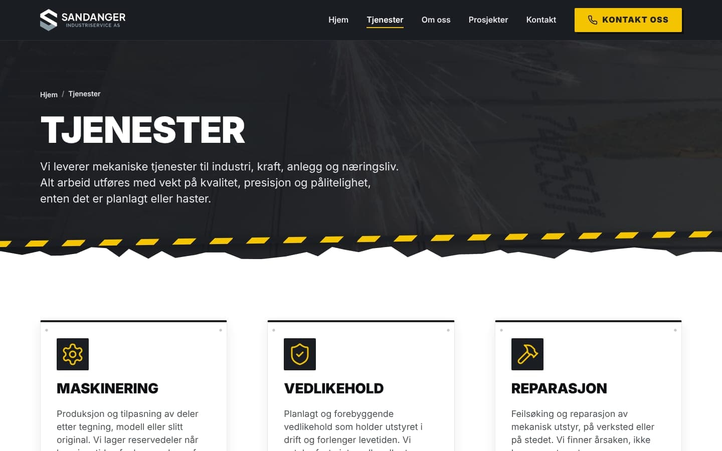 The Tjenester (services) page: a dark header with a torn edge and hazard tape above cards for machining, maintenance and repair.